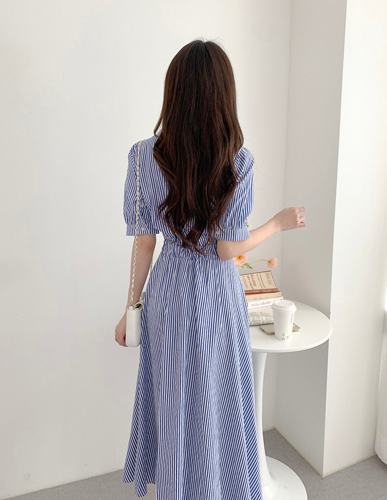 Side Button Striped Short Sleeve Shirt Dress