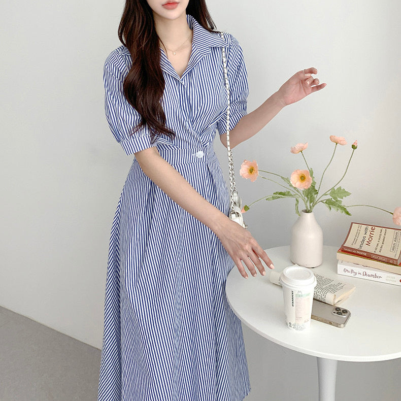 Side Button Striped Short Sleeve Shirt Dress