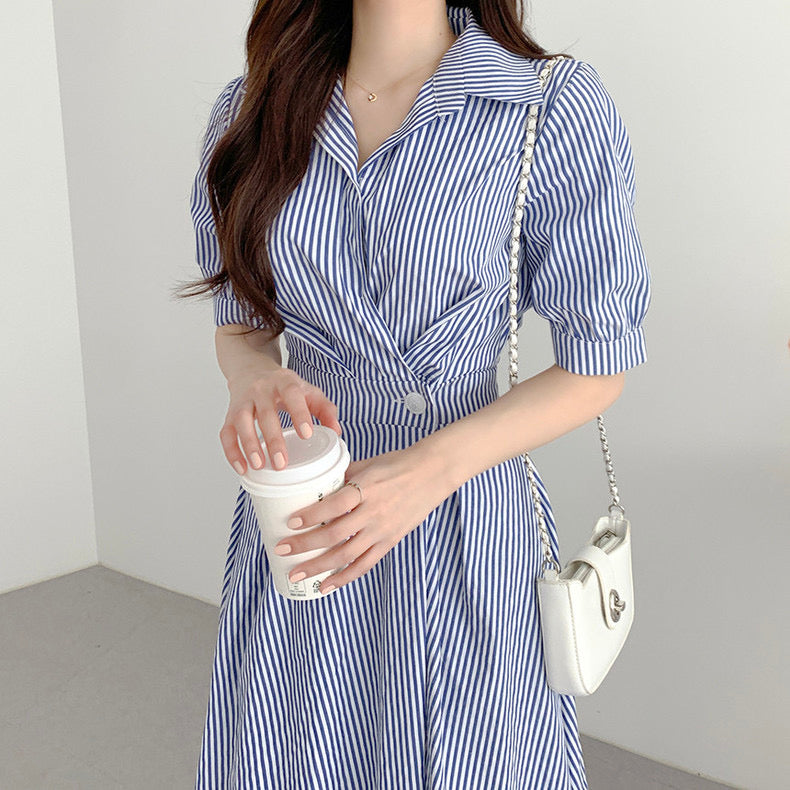 Side Button Striped Short Sleeve Shirt Dress