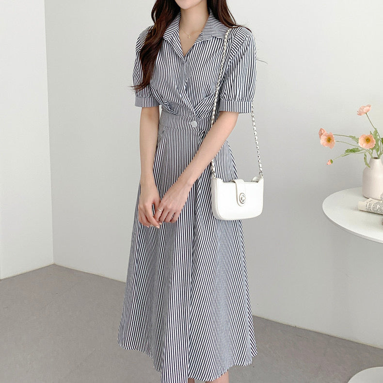 Side Button Striped Short Sleeve Shirt Dress