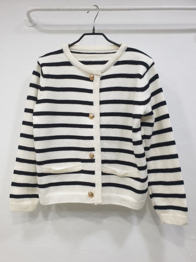 Classic Striped Knitted Cardigan with Gold Buttons