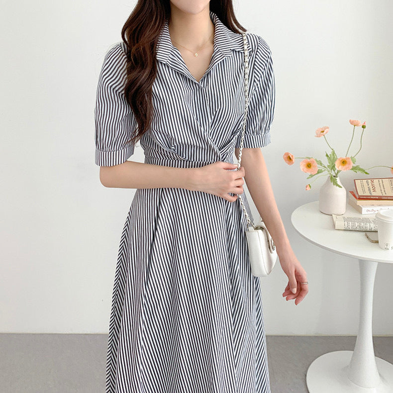 Side Button Striped Short Sleeve Shirt Dress