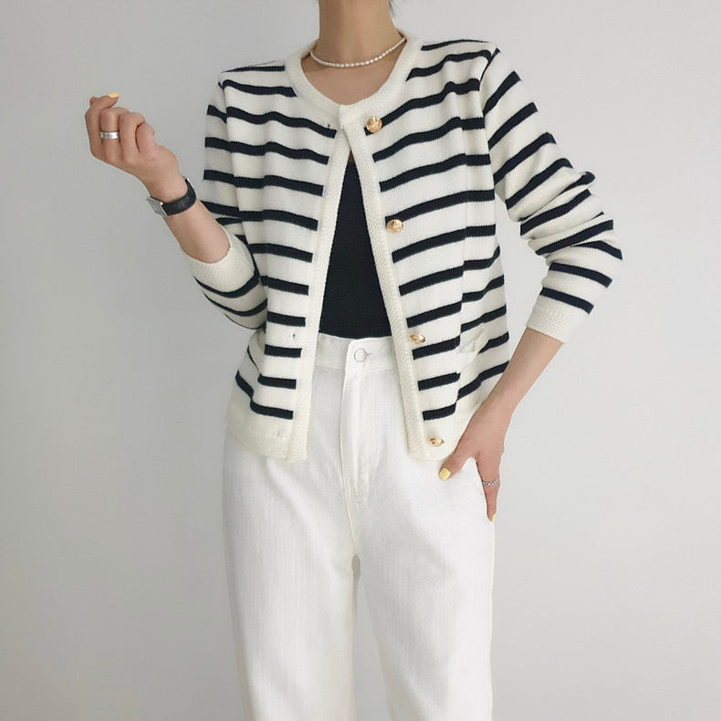 Classic Striped Knitted Cardigan with Gold Buttons