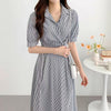 Side Button Striped Short Sleeve Shirt Dress