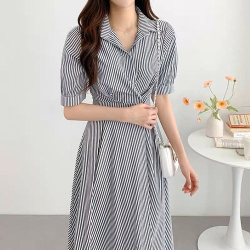 Side Button Striped Short Sleeve Shirt Dress