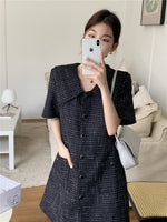 Short Sleeve Plaid Tweed Shift Dress with Oversized Collar