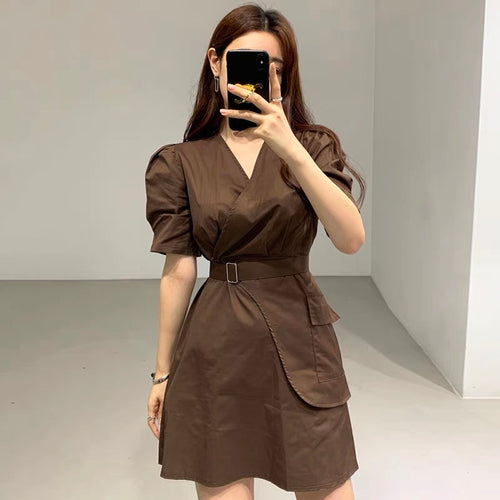 Short Sleeve Wrap Style Asymmetrical Belted Mini Dress