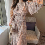 Long Sleeve Chiffon Maxi Dress with Cutout Waist and Side Slit