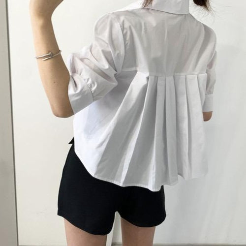 A-Line Short Sleeve Pleated Back Button-Up Shirt