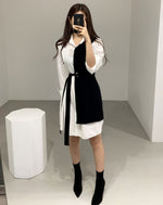 Color Block Metal Ring Belted Shirt Dress