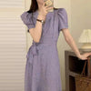 Short Sleeve Lavender Polka Dot Midi Dress with Notched Lapels