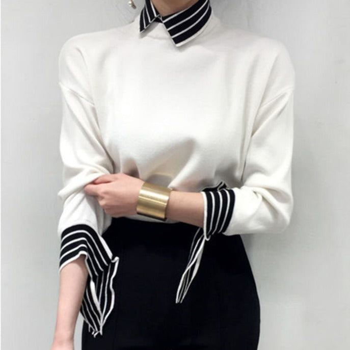 Korean Style Knit Top with Stripe Collar and Cuffs