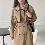 French Style Contrast Trim Double Face Wool Blend Belted Coat