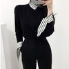 Korean Style Knit Top with Stripe Collar and Cuffs