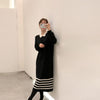 Korean Style White Collar Polo Knitted Dress with Stripes