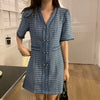 Short Sleeve V-Neck Blue Patterned Tweed A-Line Mini Dress