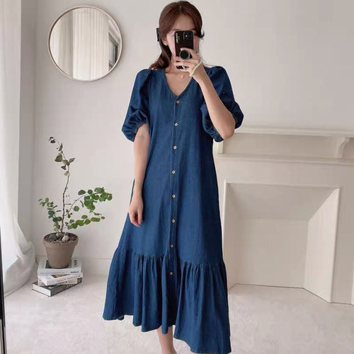 Relaxed V-Neck Button Down Denim Color Cotton Dress