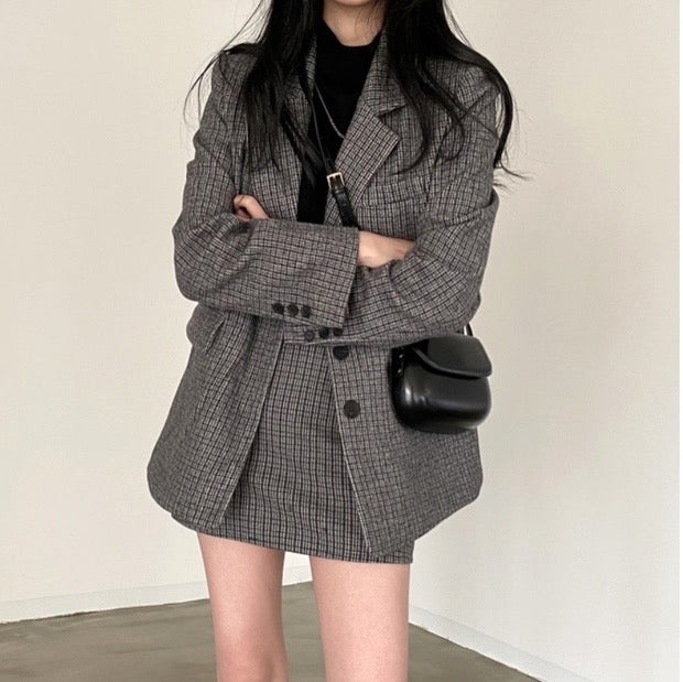 Korean Style Oversized Blazer Set in Plaids