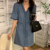 Short Sleeve V-Neck Blue Patterned Tweed A-Line Mini Dress