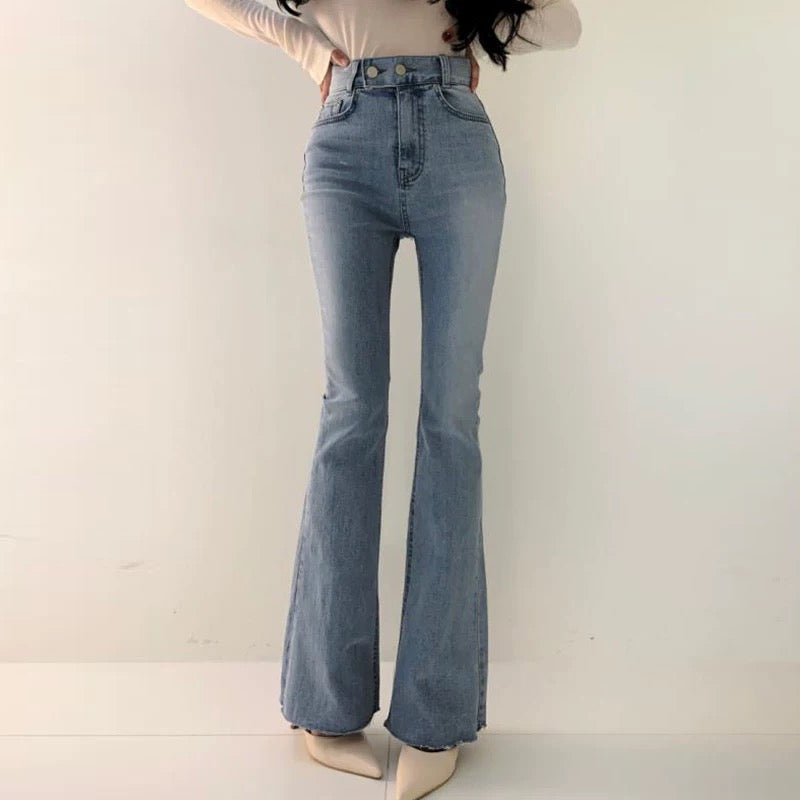 High Rise Denim Flared Leg Pants