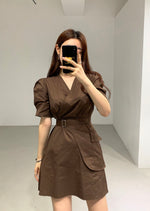 Short Sleeve Wrap Style Asymmetrical Belted Mini Dress