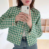 V-Neck Collarless Houndstooth Jacket with Pearly Buttons