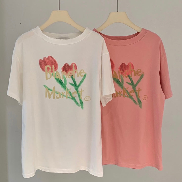 Pink Tulip Print Cotton T-Shirt