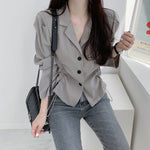 Long Sleeve Blouse with Notched Lapels and Drawstrings