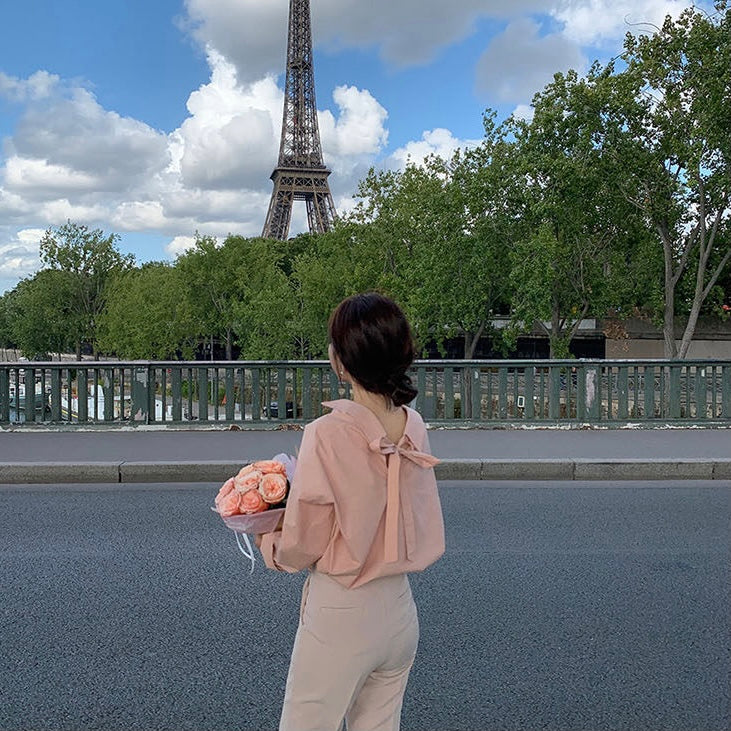 Pink Back Tie Button-Up Shirt