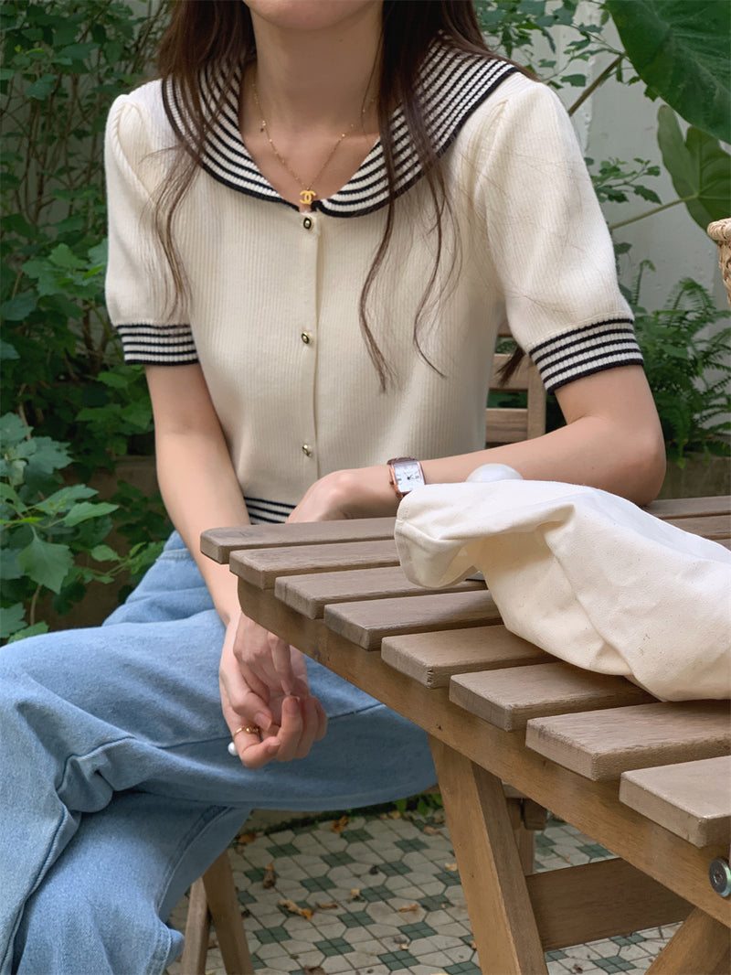 Short Sleeve Ivory Sweater Tee with Striped Trims and Sailor Collar