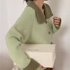 Two Tone Color Contrast Cardigan with Oversized Collar