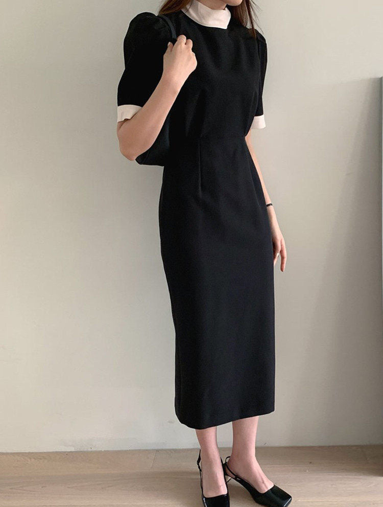 Mock Neck Back Tie Two Tone Shift Dress