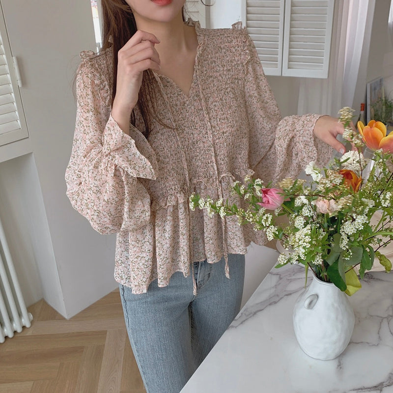 Floral Shirred Chiffon Ruffled Peplum Blouse