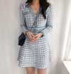 Blue Houndstooth Long Sleeve V-Neck Elegant Dress