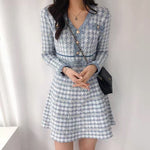 Blue Houndstooth Long Sleeve V-Neck Elegant Dress