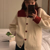 Two Tone Color Contrast Cardigan with Oversized Collar