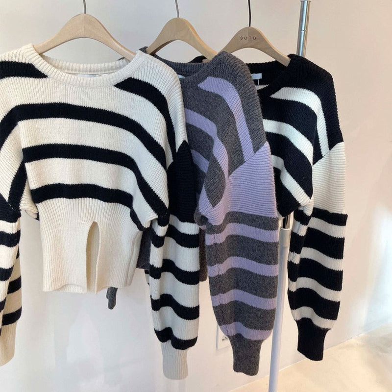 Round Neck Drop Shoulder Stripe Sweater with Gathered Waist and Slit