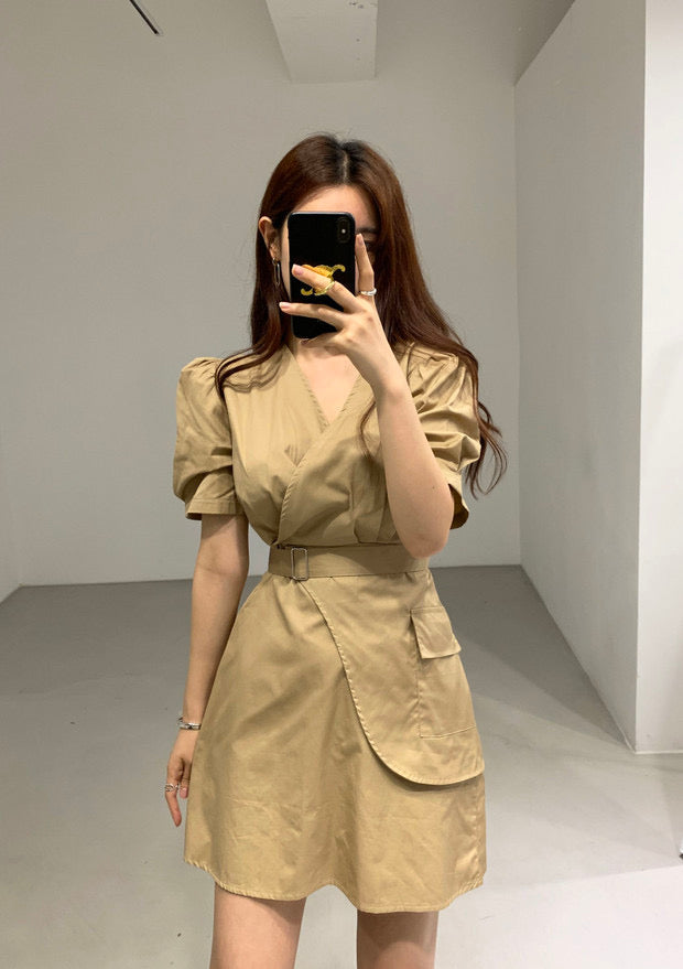 Short Sleeve Wrap Style Asymmetrical Belted Mini Dress