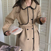 French Style Contrast Trim Double Face Wool Blend Belted Coat