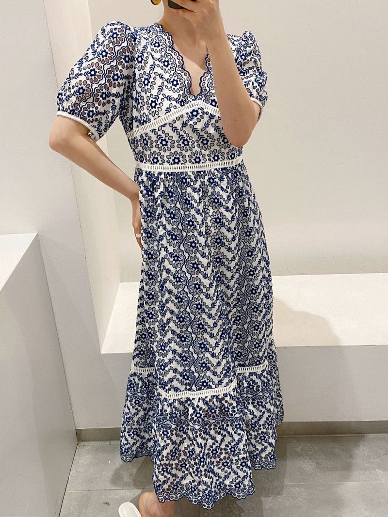 V-Neck Embroidered Cotton Midi Dress