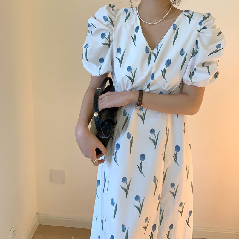 Tulip Print Short Sleeve Double V-Neck Midi Dress