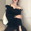 Black Velvet Ruffles Drop Shoulder Peplum Top