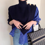 Designer Asymmetrical Turtleneck Knitted Cape Spliced with Shirt