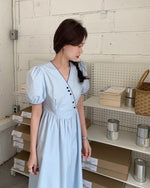 V-Neck Button Detail Midi Cotton Dress