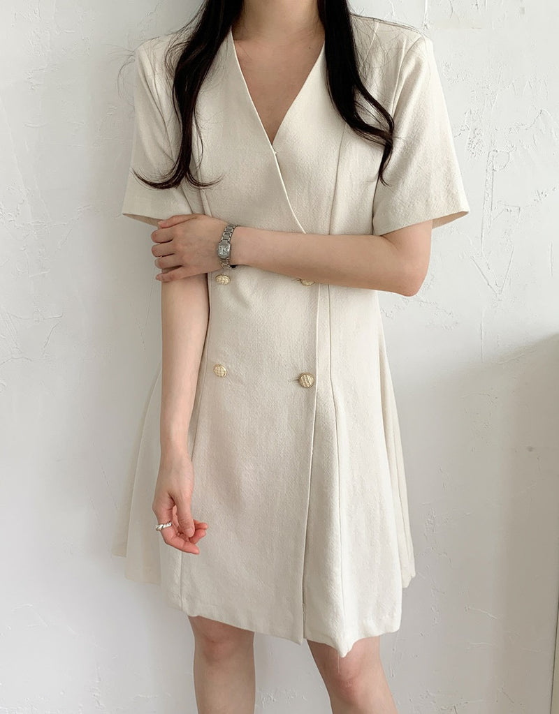 V-Neck Double-Breasted Short Sleeve Dress