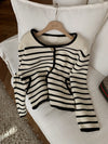 Round Neck Black & White Stripe Knitted Cardigan with Gold Buttons