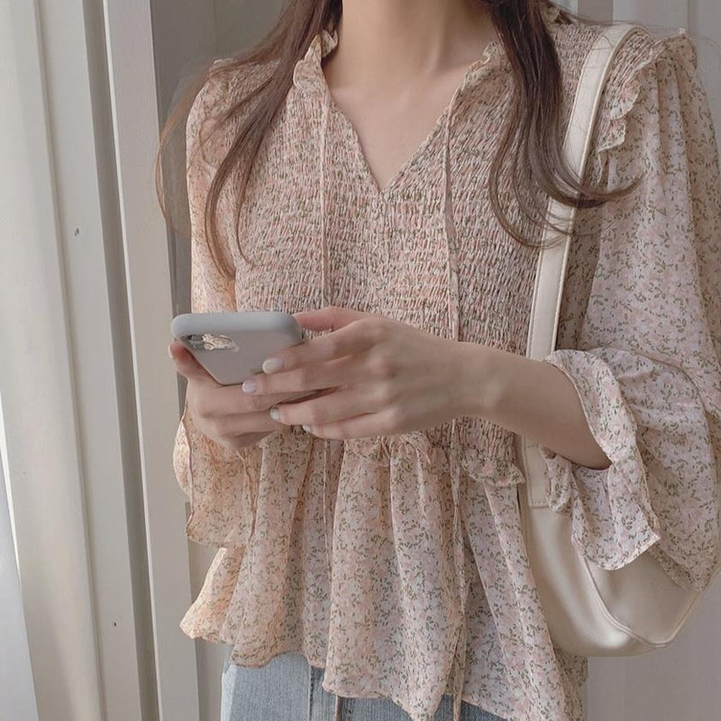 Floral Shirred Chiffon Ruffled Peplum Blouse