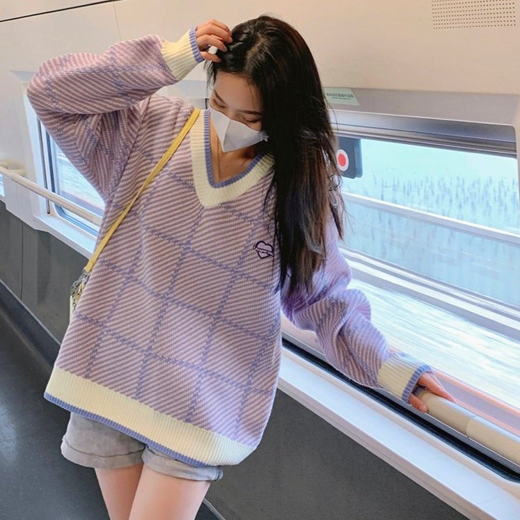 Multicolor Plaid Oversized V-Neck Sweater