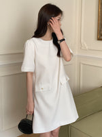 Linen Blend Textured Shift Dress with Pearly Trims