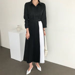 Two Tone Color Block Pleated Long Sleeve Shirt Dress